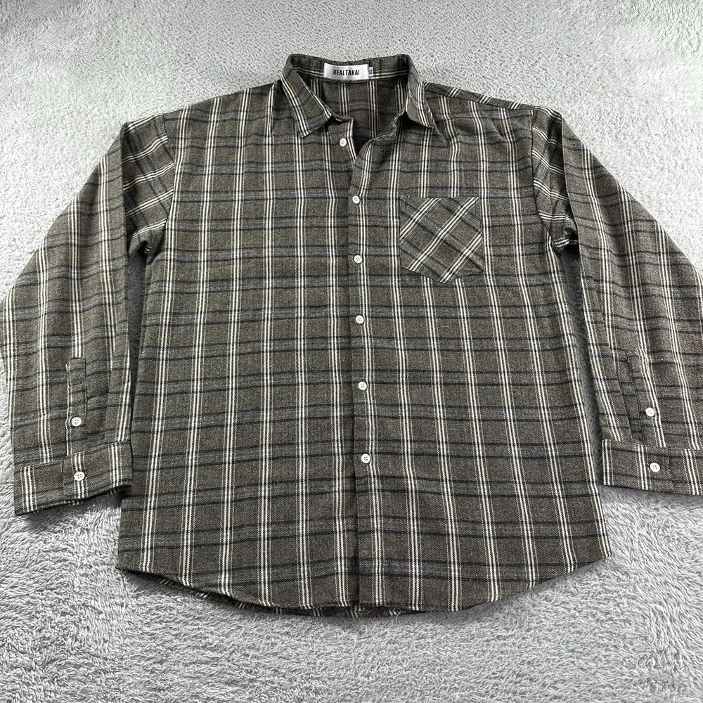 Real Takai Shirt Mens XL‎ Brown Plaid Earth Tones Button Up Long Sleeve NWOT